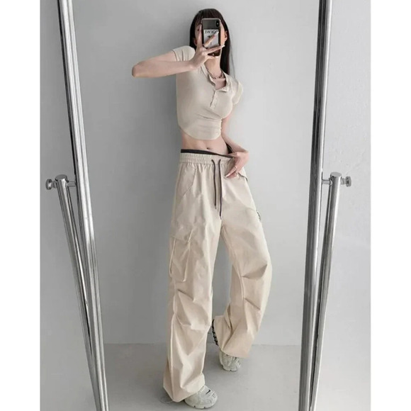 YesStyle Drawstring Street Cargo Pants, Tan & Gray, Size S Small - Picture 5 of 13